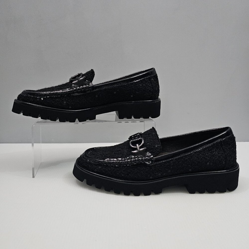 Donald Pliner Helio Lug Sole Loafer Womens 9 Black Boucle Sequined Platform NEW - Picture 2 of 14